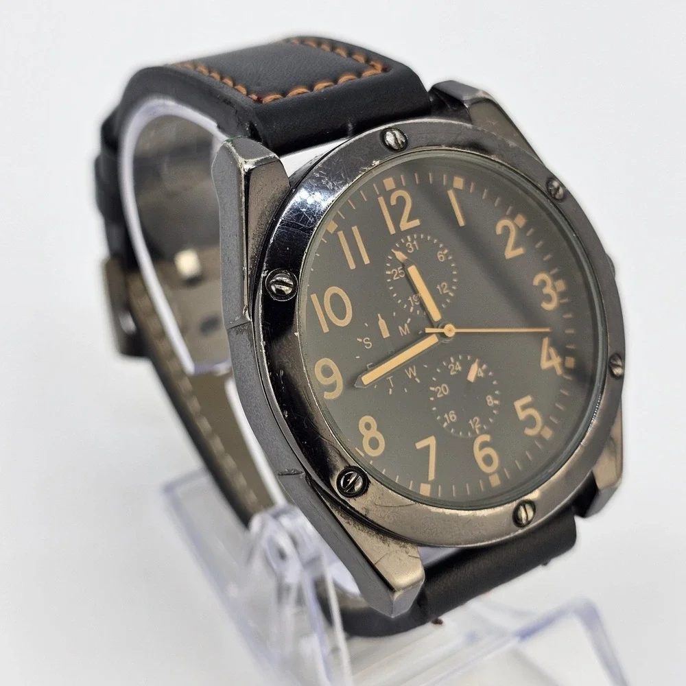 Men's Analog Watch 46MM Black Dial Brown Faux Leather Bands New Battery